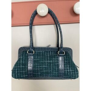 Casual Corner Vtg Handbag Womens Blue‎ Green Tweed Croc-Embossed Zipper